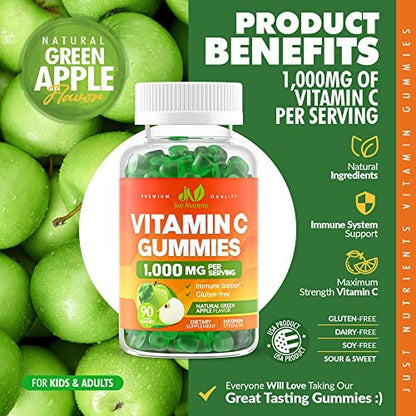 Vitamin C 1000mg Gummis (90 Stück) - Höchste Dosierung, Immununterstützung & Kollagen-Boost für Erwachsene & Kinder - Natürlicher Grünapfel-Geschmack - Glutenfrei, Nicht-GVO, Vegetarisch - 90 Gummis