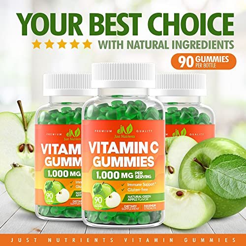 Vitamin C 1000mg Gummis (90 Stück) - Höchste Dosierung, Immununterstützung & Kollagen-Boost für Erwachsene & Kinder - Natürlicher Grünapfel-Geschmack - Glutenfrei, Nicht-GVO, Vegetarisch - 90 Gummis