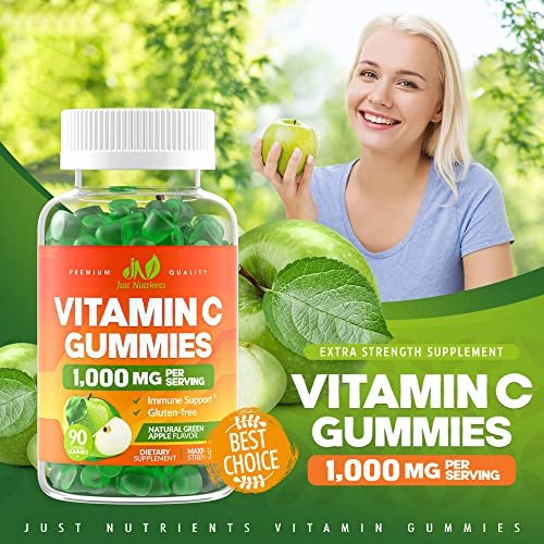 Vitamin C 1000mg Gummis (90 Stück) - Höchste Dosierung, Immununterstützung & Kollagen-Boost für Erwachsene & Kinder - Natürlicher Grünapfel-Geschmack - Glutenfrei, Nicht-GVO, Vegetarisch - 90 Gummis