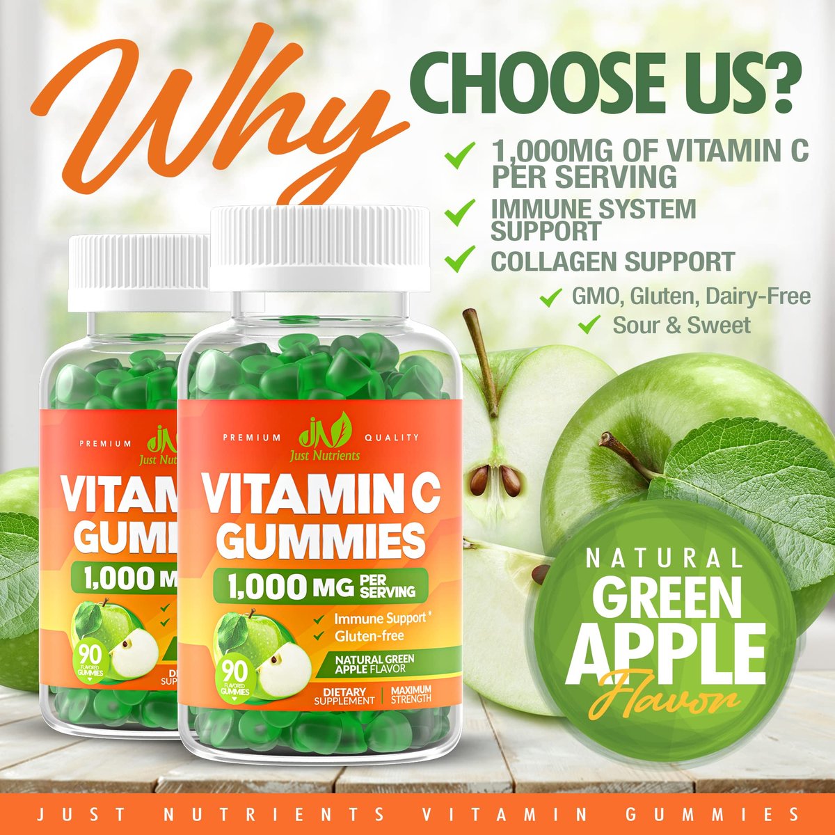 Vitamin C 1000mg Gummis (90 Stück) - Höchste Dosierung, Immununterstützung & Kollagen-Boost für Erwachsene & Kinder - Natürlicher Grünapfel-Geschmack - Glutenfrei, Nicht-GVO, Vegetarisch - 90 Gummis