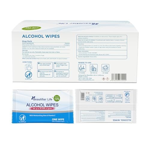 Beautifier Life Allzweck-Reisetücher – 55 einzeln verpackte antibakterielle Handdesinfektionstücher mit 75% Alkohol, Aloe Vera & Vitamin E – ideal für unterwegs, Restaurant, Zuhause & Büro