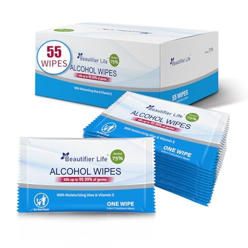 Beautifier Life Allzweck-Reisetücher – 55 einzeln verpackte antibakterielle Handdesinfektionstücher mit 75% Alkohol, Aloe Vera & Vitamin E – ideal für unterwegs, Restaurant, Zuhause & Büro
