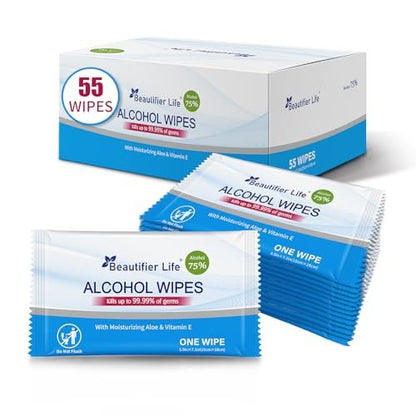 Beautifier Life Allzweck-Reisetücher – 55 einzeln verpackte antibakterielle Handdesinfektionstücher mit 75% Alkohol, Aloe Vera & Vitamin E – ideal für unterwegs, Restaurant, Zuhause & Büro
