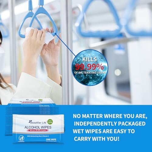 Beautifier Life Allzweck-Reisetücher – 55 einzeln verpackte antibakterielle Handdesinfektionstücher mit 75% Alkohol, Aloe Vera & Vitamin E – ideal für unterwegs, Restaurant, Zuhause & Büro