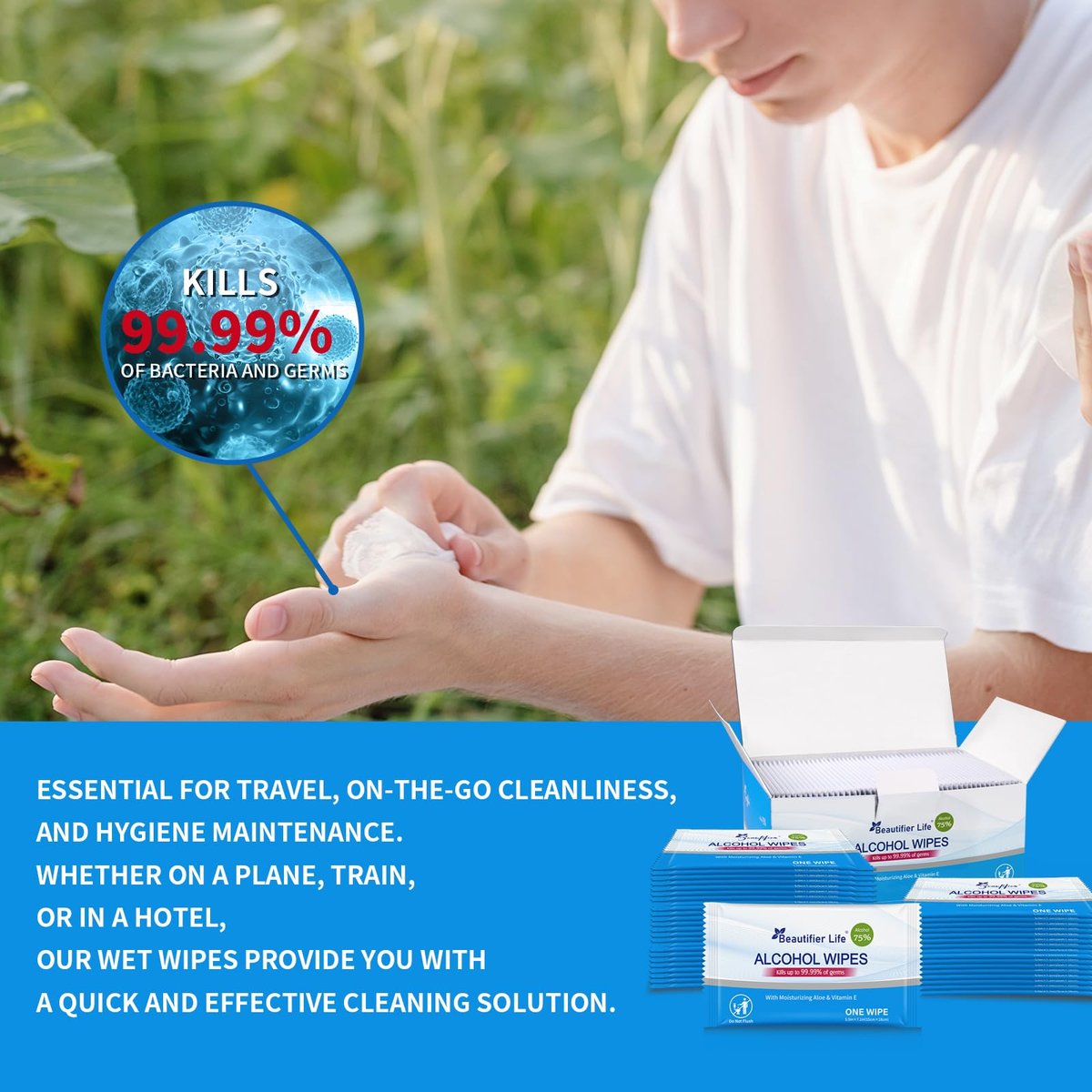 Beautifier Life Allzweck-Reisetücher – 55 einzeln verpackte antibakterielle Handdesinfektionstücher mit 75% Alkohol, Aloe Vera & Vitamin E – ideal für unterwegs, Restaurant, Zuhause & Büro