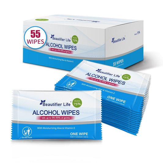 Beautifier Life Allzweck-Reisetücher – 55 einzeln verpackte antibakterielle Handdesinfektionstücher mit 75% Alkohol, Aloe Vera & Vitamin E – ideal für unterwegs, Restaurant, Zuhause & Büro