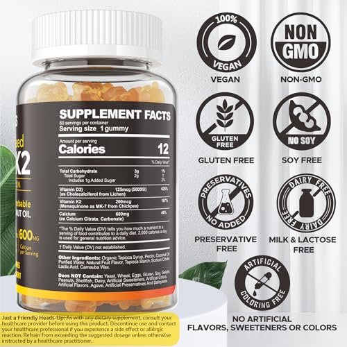 Vitamin D3 5000 IE & K2 (als MK7) 200 mcg Gummis + 600 mg Calcium mit Kokosöl – Hochdosiertes Vitamin D3 K2 Präparat für Knochen, Muskeln, Zähne & Immunsystem – Vegan, 60 Stück