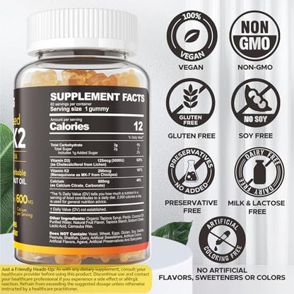 Vitamin D3 5000 IE & K2 (als MK7) 200 mcg Gummis + 600 mg Calcium mit Kokosöl – Hochdosiertes Vitamin D3 K2 Präparat für Knochen, Muskeln, Zähne & Immunsystem – Vegan, 60 Stück