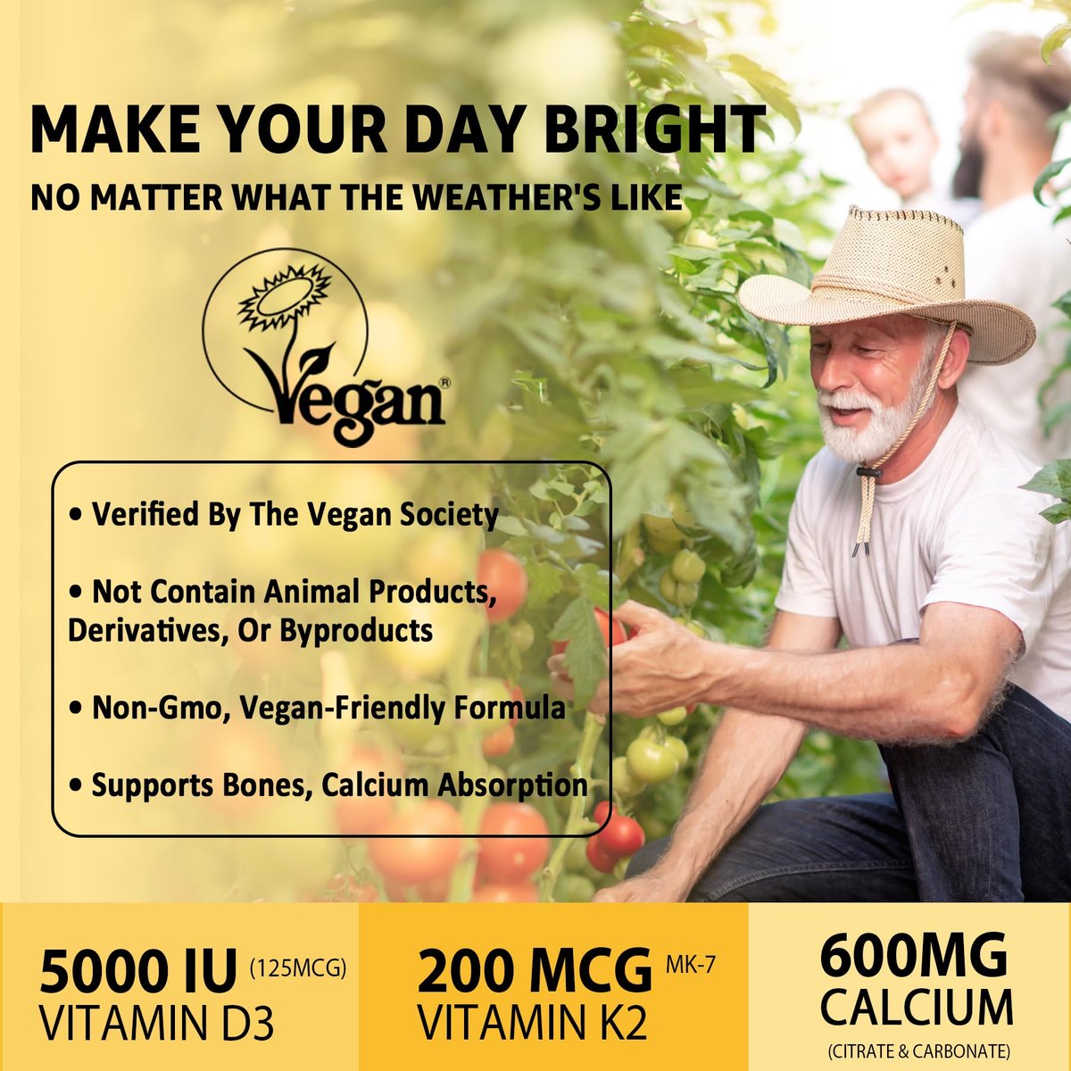 Vitamin D3 5000 IE & K2 (als MK7) 200 mcg Gummis + 600 mg Calcium mit Kokosöl – Hochdosiertes Vitamin D3 K2 Präparat für Knochen, Muskeln, Zähne & Immunsystem – Vegan, 60 Stück