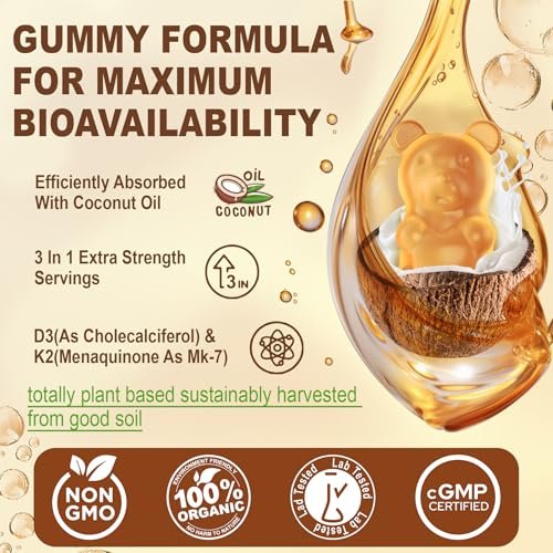 Vitamin D3 5000 IE & K2 (als MK7) 200 mcg Gummis + 600 mg Calcium mit Kokosöl – Hochdosiertes Vitamin D3 K2 Präparat für Knochen, Muskeln, Zähne & Immunsystem – Vegan, 60 Stück