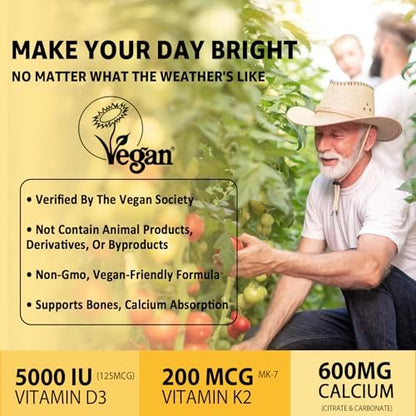 Vitamin D3 5000 IE & K2 (als MK7) 200 mcg Gummis + 600 mg Calcium mit Kokosöl – Hochdosiertes Vitamin D3 K2 Präparat für Knochen, Muskeln, Zähne & Immunsystem – Vegan, 60 Stück