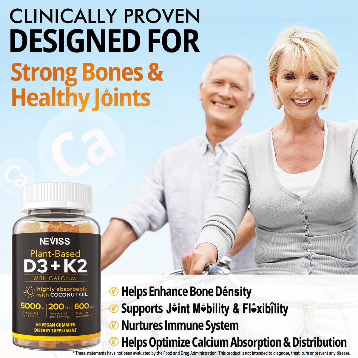 Vitamin D3 5000 IE & K2 (als MK7) 200 mcg Gummis + 600 mg Calcium mit Kokosöl – Hochdosiertes Vitamin D3 K2 Präparat für Knochen, Muskeln, Zähne & Immunsystem – Vegan, 60 Stück