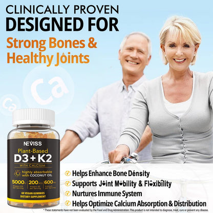 Vitamin D3 5000 IE & K2 (als MK7) 200 mcg Gummis + 600 mg Calcium mit Kokosöl – Hochdosiertes Vitamin D3 K2 Präparat für Knochen, Muskeln, Zähne & Immunsystem – Vegan, 60 Stück