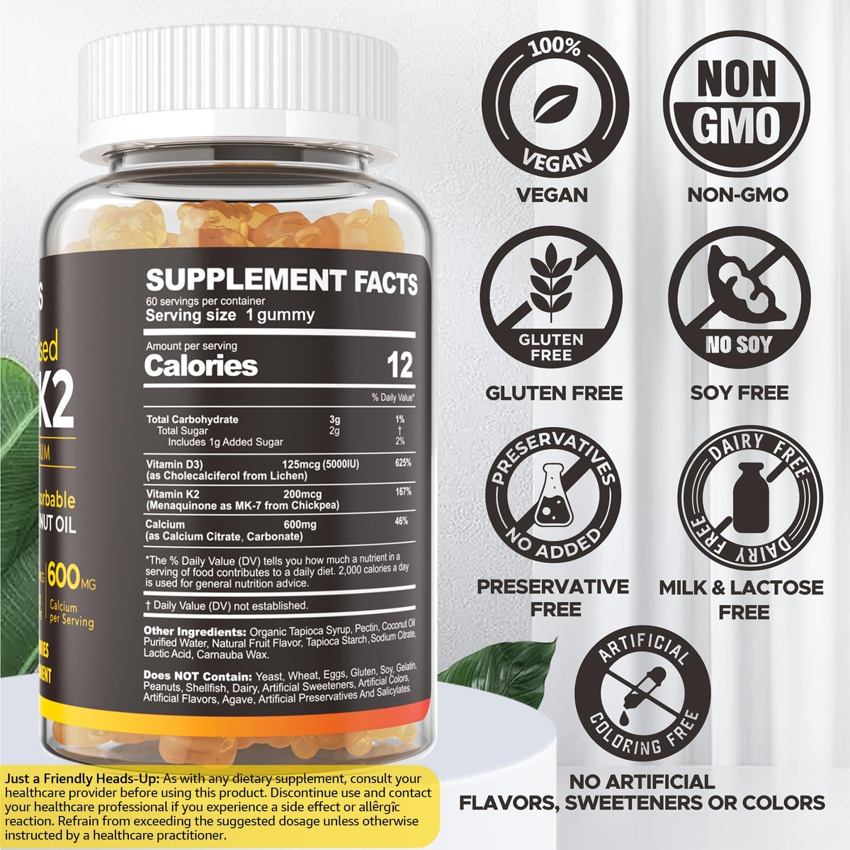 Vitamin D3 5000 IE & K2 (als MK7) 200 mcg Gummis + 600 mg Calcium mit Kokosöl – Hochdosiertes Vitamin D3 K2 Präparat für Knochen, Muskeln, Zähne & Immunsystem – Vegan, 60 Stück