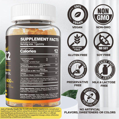 Vitamin D3 5000 IE & K2 (als MK7) 200 mcg Gummis + 600 mg Calcium mit Kokosöl – Hochdosiertes Vitamin D3 K2 Präparat für Knochen, Muskeln, Zähne & Immunsystem – Vegan, 60 Stück