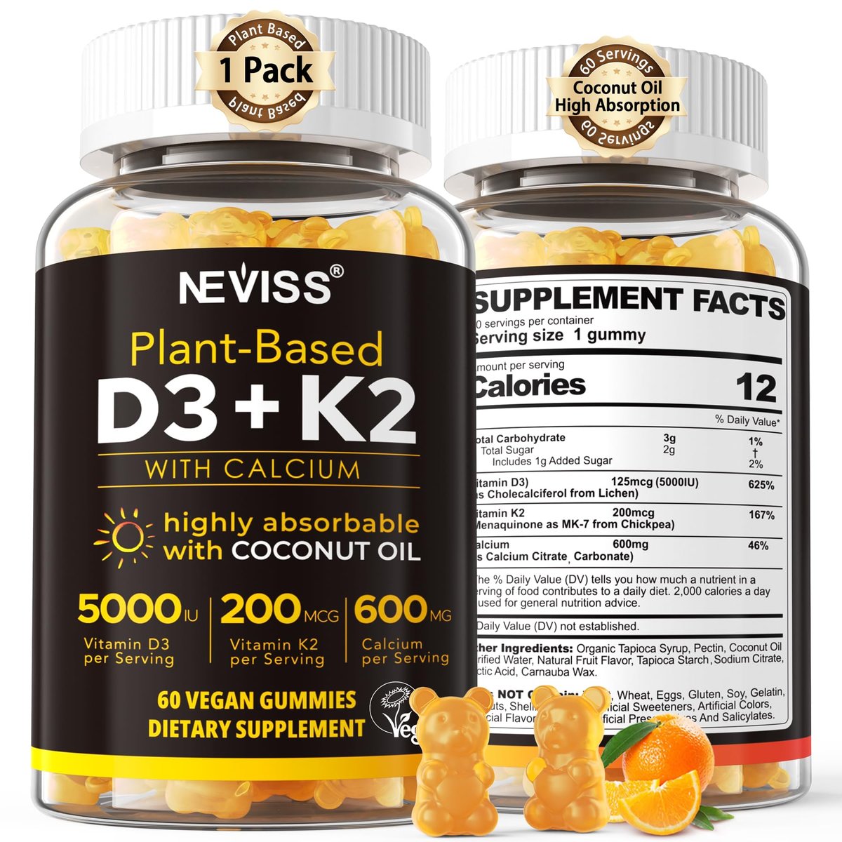 Vitamin D3 5000 IE & K2 (als MK7) 200 mcg Gummis + 600 mg Calcium mit Kokosöl – Hochdosiertes Vitamin D3 K2 Präparat für Knochen, Muskeln, Zähne & Immunsystem – Vegan, 60 Stück