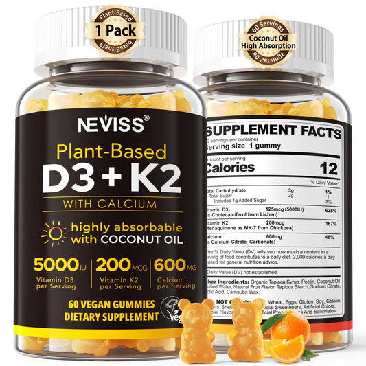 Vitamin D3 5000 IE & K2 (als MK7) 200 mcg Gummis + 600 mg Calcium mit Kokosöl – Hochdosiertes Vitamin D3 K2 Präparat für Knochen, Muskeln, Zähne & Immunsystem – Vegan, 60 Stück