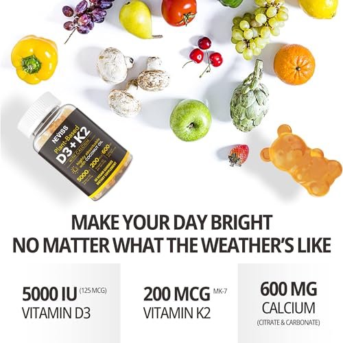 Vitamin D3 5000 IE & K2 (als MK7) 200 mcg Gummis + 600 mg Calcium mit Kokosöl – Hochdosiertes Vitamin D3 K2 Präparat für Knochen, Muskeln, Zähne & Immunsystem – Vegan, 60 Stück