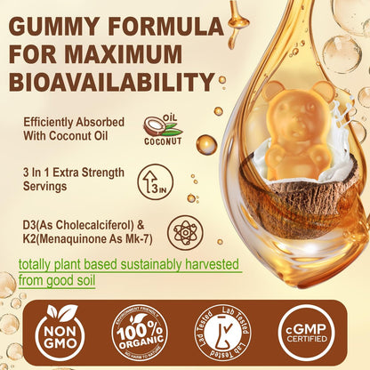 Vitamin D3 5000 IE & K2 (als MK7) 200 mcg Gummis + 600 mg Calcium mit Kokosöl – Hochdosiertes Vitamin D3 K2 Präparat für Knochen, Muskeln, Zähne & Immunsystem – Vegan, 60 Stück