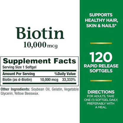 Nature's Bounty Biotin 10.000 mcg – Unterstützt gesundes Haar, Haut und Nägel – Schnell freisetzende Softgels – 120 Stück