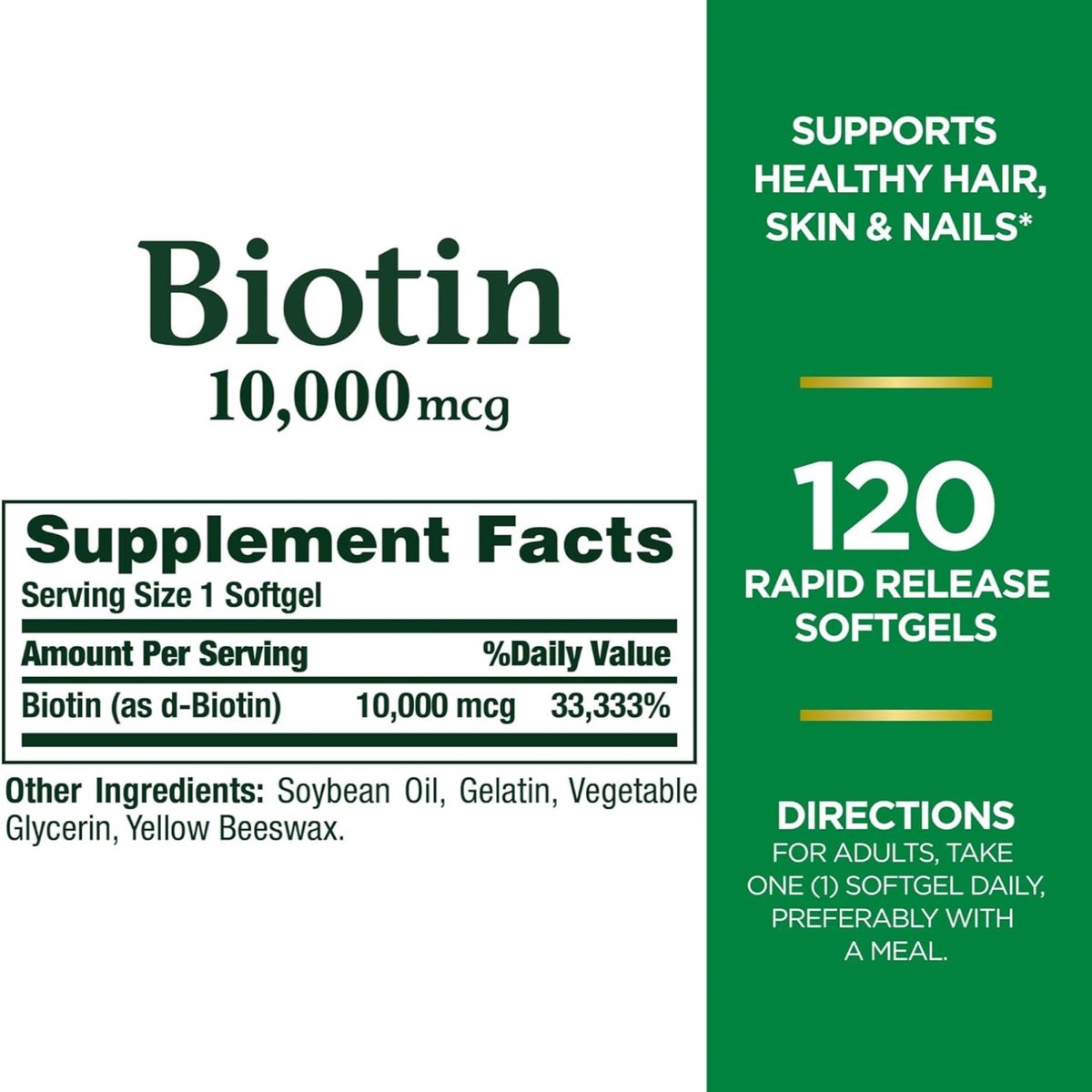 Nature's Bounty Biotin 10.000 mcg – Unterstützt gesundes Haar, Haut und Nägel – Schnell freisetzende Softgels – 120 Stück
