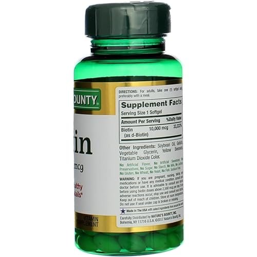 Nature's Bounty Biotin 10.000 mcg – Unterstützt gesundes Haar, Haut und Nägel – Schnell freisetzende Softgels – 120 Stück