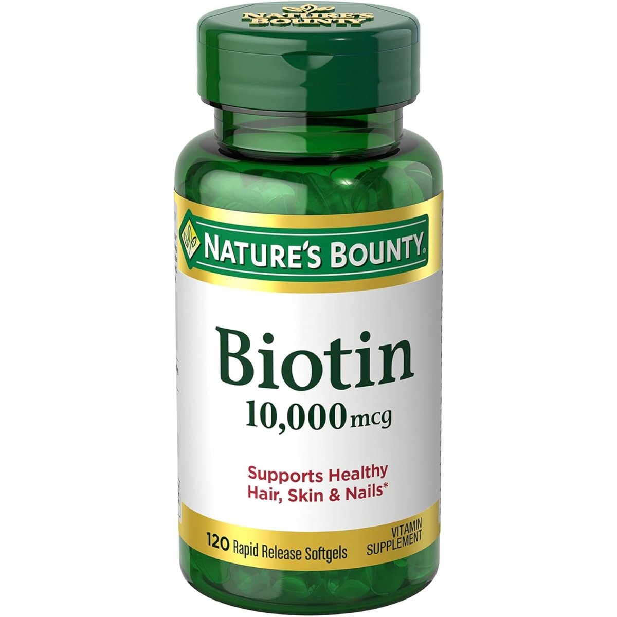 Nature's Bounty Biotin 10.000 mcg – Unterstützt gesundes Haar, Haut und Nägel – Schnell freisetzende Softgels – 120 Stück