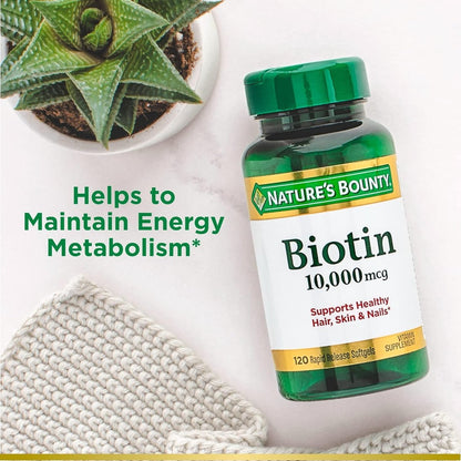Nature's Bounty Biotin 10.000 mcg – Unterstützt gesundes Haar, Haut und Nägel – Schnell freisetzende Softgels – 120 Stück