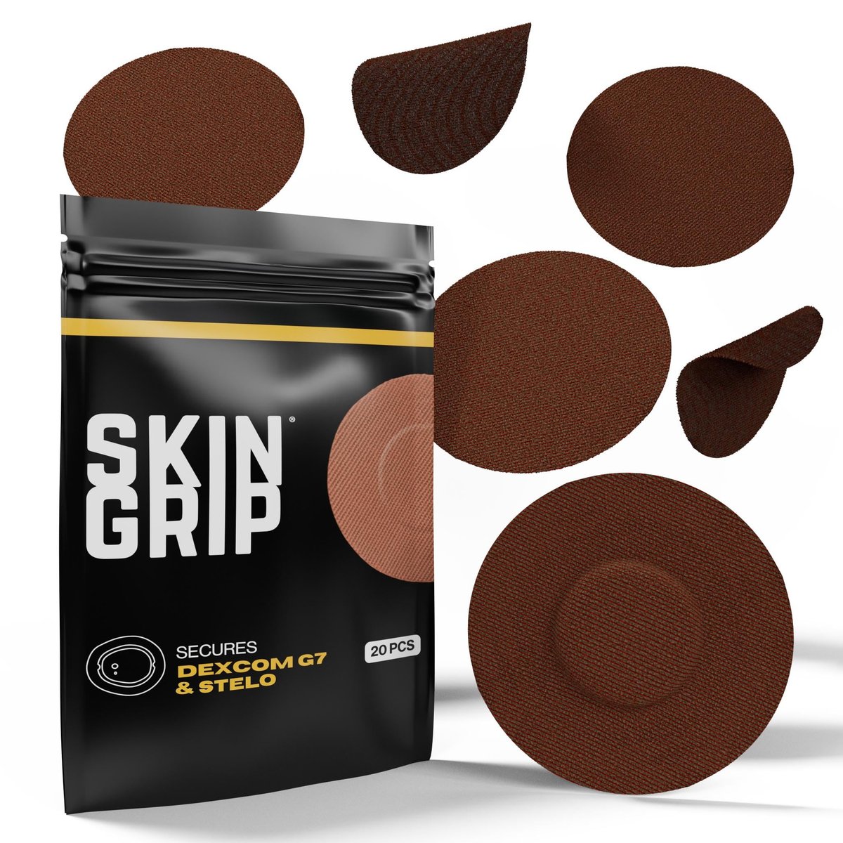 Skin Grip Haftpflaster kompatibel mit Dexcom G7 & Stelo CGM – Wasserdichte & schweißresistente Abdeckung für kontinuierlichen Glukosemonitor – hält sicher 10-15 Tage – 20er-Packung, Schokolade