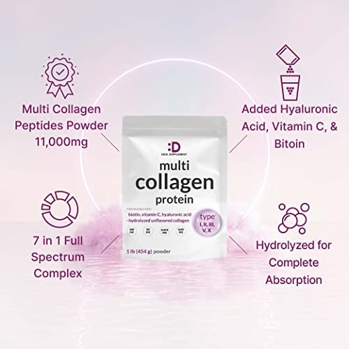 Multi-Kollagen-Pulver, 1 Pfund - Typ I, II, III, V, X Kollagenpeptide mit Biotin 10.000 mcg, Vitamin C & Hyaluronsäure - Ungesüßt - Keto & Paleo freundlich, ideal für Haare, Haut, Nägel & Gelenke