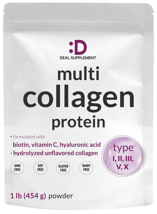 Multi-Kollagen-Pulver, 1 Pfund - Typ I, II, III, V, X Kollagenpeptide mit Biotin 10.000 mcg, Vitamin C & Hyaluronsäure - Ungesüßt - Keto & Paleo freundlich, ideal für Haare, Haut, Nägel & Gelenke