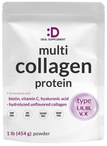 Multi-Kollagen-Pulver, 1 Pfund - Typ I, II, III, V, X Kollagenpeptide mit Biotin 10.000 mcg, Vitamin C & Hyaluronsäure - Ungesüßt - Keto & Paleo freundlich, ideal für Haare, Haut, Nägel & Gelenke
