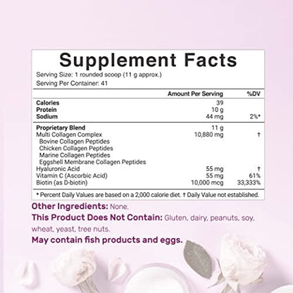 Multi-Kollagen-Pulver, 1 Pfund - Typ I, II, III, V, X Kollagenpeptide mit Biotin 10.000 mcg, Vitamin C & Hyaluronsäure - Ungesüßt - Keto & Paleo freundlich, ideal für Haare, Haut, Nägel & Gelenke