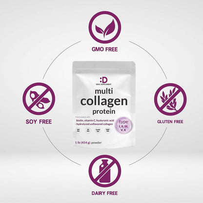 Multi-Kollagen-Pulver, 1 Pfund - Typ I, II, III, V, X Kollagenpeptide mit Biotin 10.000 mcg, Vitamin C & Hyaluronsäure - Ungesüßt - Keto & Paleo freundlich, ideal für Haare, Haut, Nägel & Gelenke