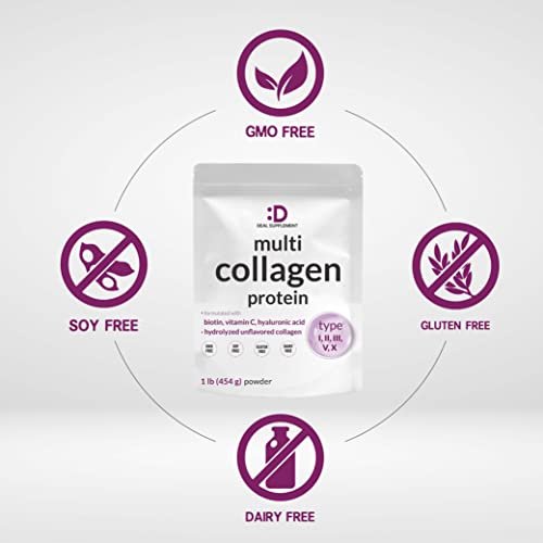 Multi-Kollagen-Pulver, 1 Pfund - Typ I, II, III, V, X Kollagenpeptide mit Biotin 10.000 mcg, Vitamin C & Hyaluronsäure - Ungesüßt - Keto & Paleo freundlich, ideal für Haare, Haut, Nägel & Gelenke
