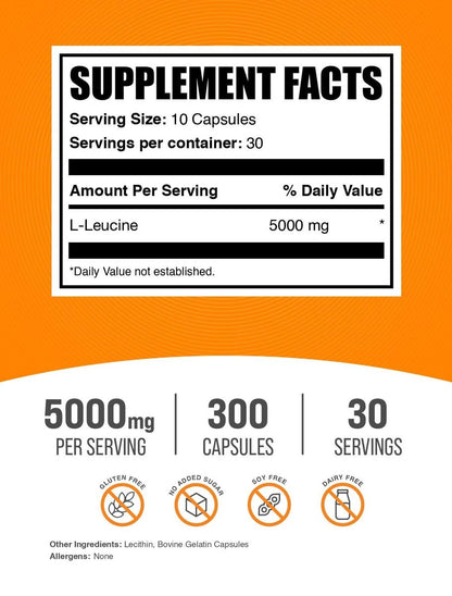 BulkSupplements.com L-Leucin Kapseln - Leucin Supplement, BCAA, 5000 mg pro Portion, Glutenfrei, 300 Kapseln (30 Tage Vorrat)