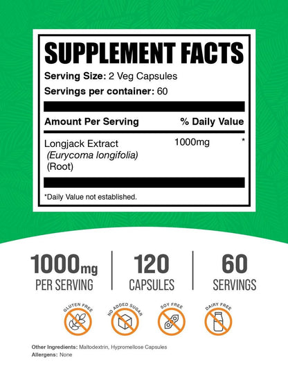 BulkSupplements.com Longjack Extrakt Kapseln - Tongkat Ali Extrakt, Tongkat Ali Nahrungsergänzungsmittel - Vegan-freundlich, 120 Veg Kapseln (1er Pack)