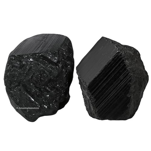 Amazing Gemstone Echter schwarzer Turmalin Kristallstein Rohstein Schutz für Heilung, natürliche Steine zum Trommeln - Turmalina Negra Original (2 Stück)