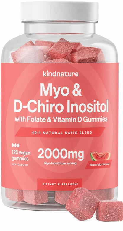 Kindnature Myo-Inositol & D-Chiro Inositol Gummis für Frauen – 2000mg + 50mg, Ideales 40:1 Verhältnis – mit Vitamin D & Folsäure – Hormonbalance & Fruchtbarkeitsunterstützung – Vegan, Wassermelonengeschmack (120 Gummis)