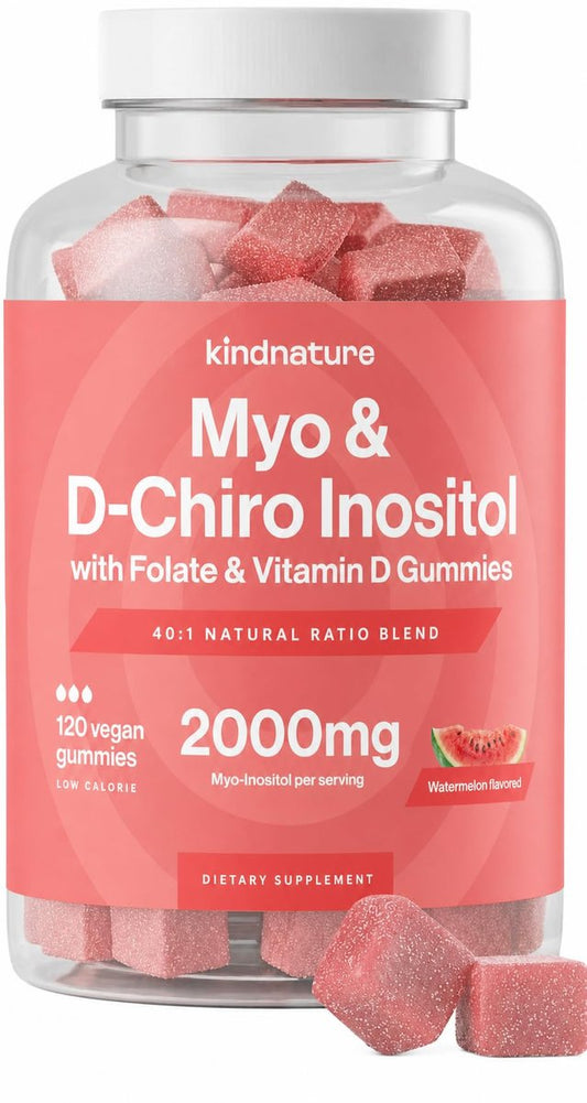 Kindnature Myo-Inositol & D-Chiro Inositol Gummis für Frauen – 2000mg + 50mg, Ideales 40:1 Verhältnis – mit Vitamin D & Folsäure – Hormonbalance & Fruchtbarkeitsunterstützung – Vegan, Wassermelonengeschmack (120 Gummis)