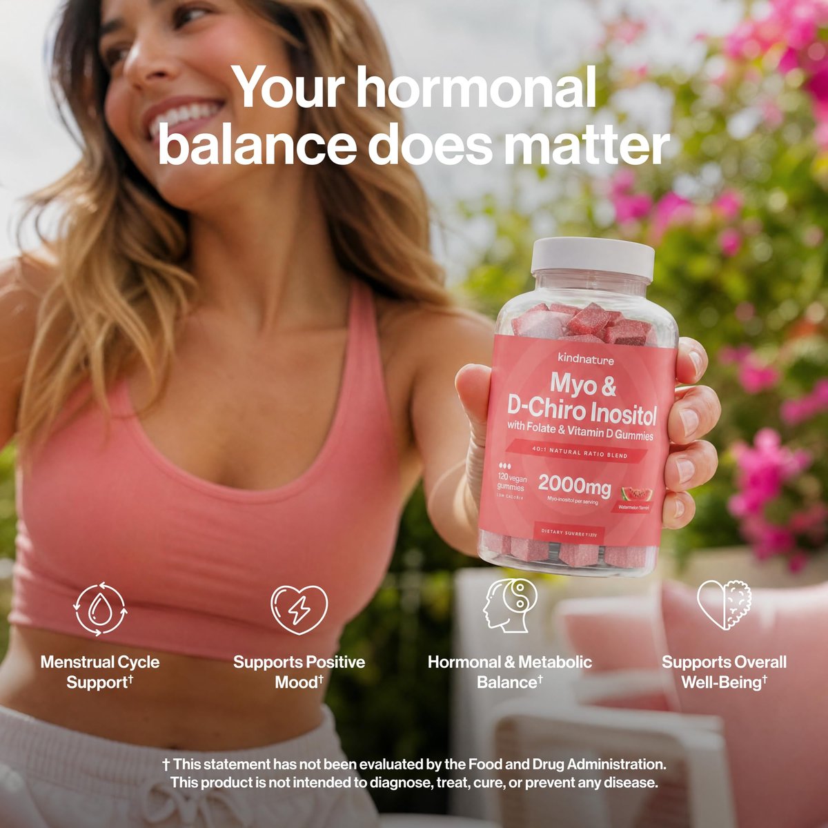 Kindnature Myo-Inositol & D-Chiro Inositol Gummis für Frauen – 2000mg + 50mg, Ideales 40:1 Verhältnis – mit Vitamin D & Folsäure – Hormonbalance & Fruchtbarkeitsunterstützung – Vegan, Wassermelonengeschmack (120 Gummis)
