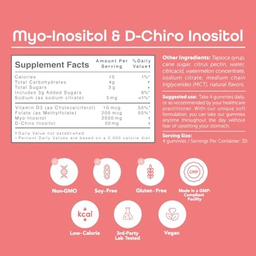 Kindnature Myo-Inositol & D-Chiro Inositol Gummis für Frauen – 2000mg + 50mg, Ideales 40:1 Verhältnis – mit Vitamin D & Folsäure – Hormonbalance & Fruchtbarkeitsunterstützung – Vegan, Wassermelonengeschmack (120 Gummis)
