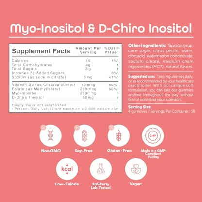 Kindnature Myo-Inositol & D-Chiro Inositol Gummis für Frauen – 2000mg + 50mg, Ideales 40:1 Verhältnis – mit Vitamin D & Folsäure – Hormonbalance & Fruchtbarkeitsunterstützung – Vegan, Wassermelonengeschmack (120 Gummis)
