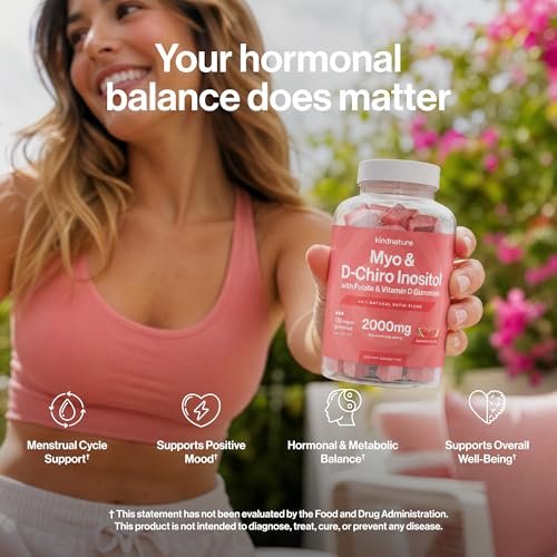 Kindnature Myo-Inositol & D-Chiro Inositol Gummis für Frauen – 2000mg + 50mg, Ideales 40:1 Verhältnis – mit Vitamin D & Folsäure – Hormonbalance & Fruchtbarkeitsunterstützung – Vegan, Wassermelonengeschmack (120 Gummis)
