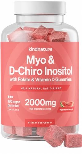 Kindnature Myo-Inositol & D-Chiro Inositol Gummis für Frauen – 2000mg + 50mg, Ideales 40:1 Verhältnis – mit Vitamin D & Folsäure – Hormonbalance & Fruchtbarkeitsunterstützung – Vegan, Wassermelonengeschmack (120 Gummis)