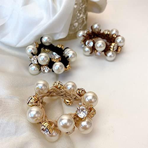 Rhinestone- und Perlen-Haargummis für Frauen und Mädchen, Elastische Haar-Scrunchies, Stretch-Haarbänder für Pferdeschwanz und Dutt, 3 Stück