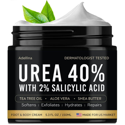 Adellina Urea Creme 40 Prozent für die Füße – Maximale Stärke, Fußcreme für trockene, rissige Fersen, Knie und Ellbogen, 40% Urea Fußpflege Lotion 150 ml