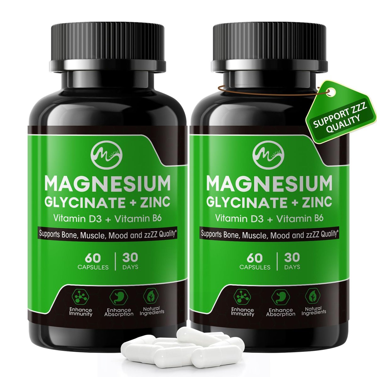 (2er-Pack) Magnesiumglycinat Kapseln, Magnesium mit Zink, Vitamin D3 & B6 – Hoch bioverfügbar – Knochen, Herz, Gelenke, Immunsystem – 120 vegane Kapseln