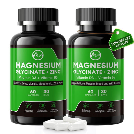 (2er-Pack) Magnesiumglycinat Kapseln, Magnesium mit Zink, Vitamin D3 & B6 – Hoch bioverfügbar – Knochen, Herz, Gelenke, Immunsystem – 120 vegane Kapseln