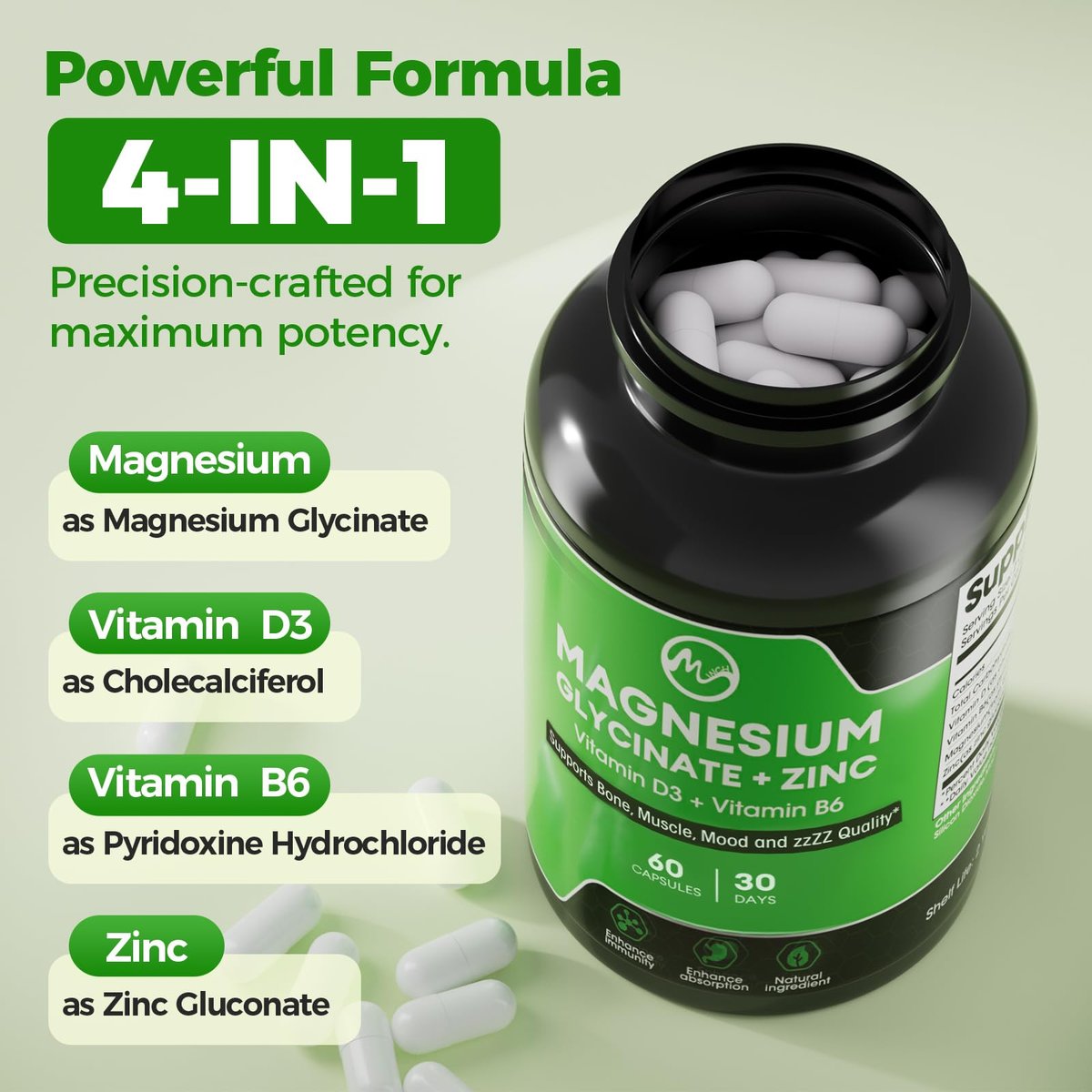(2er-Pack) Magnesiumglycinat Kapseln, Magnesium mit Zink, Vitamin D3 & B6 – Hoch bioverfügbar – Knochen, Herz, Gelenke, Immunsystem – 120 vegane Kapseln